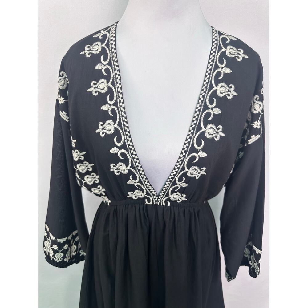 NWT Reistor Deep V Embroidered Dress Black Cream Boho Cotton Mini Dress Medium - Picture 4 of 11